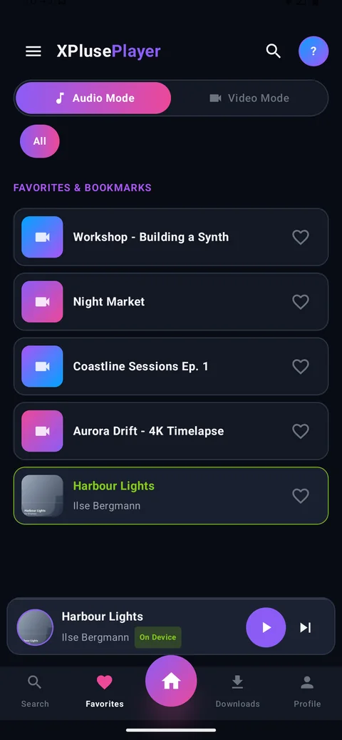 XPlusePlayer favourites screen with bookmarked tracks and videos